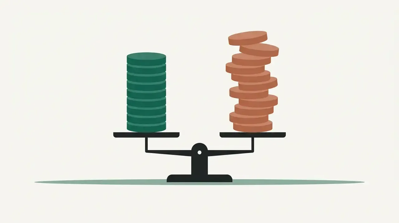 A balanced scale of steady and riskier stacks, brand illustration