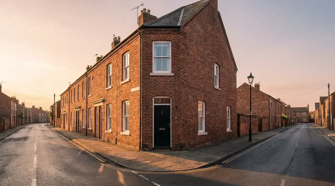 A corner terraced house where two streets diverge
